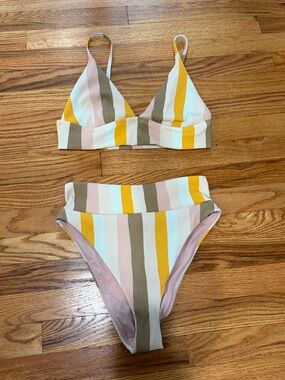 aerie Ribbed Two-Piece Swim Set in Yellow, Pink & Olive Stripe